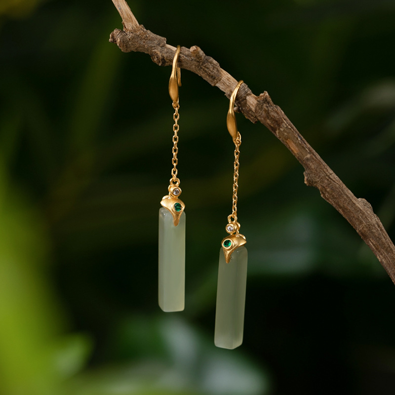 S925 Pure Silver Retro Personality Xinjiang and Tian Yuqing Jade Temperament Lady Long Version Earrings Earrings Ear Decoration Anti-Allergy
