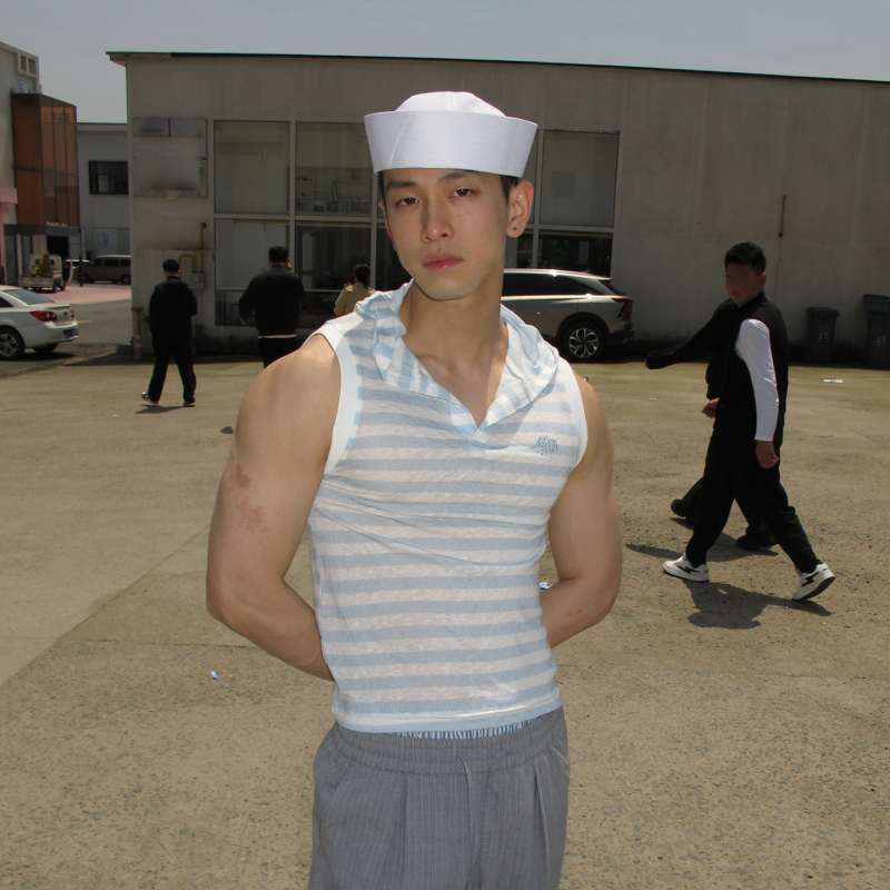 Mamahasgun Spring and Summer American Retro Cleanfit Two-Color Stripesd Polo Hooded Navy Collar Sleeveless Vest