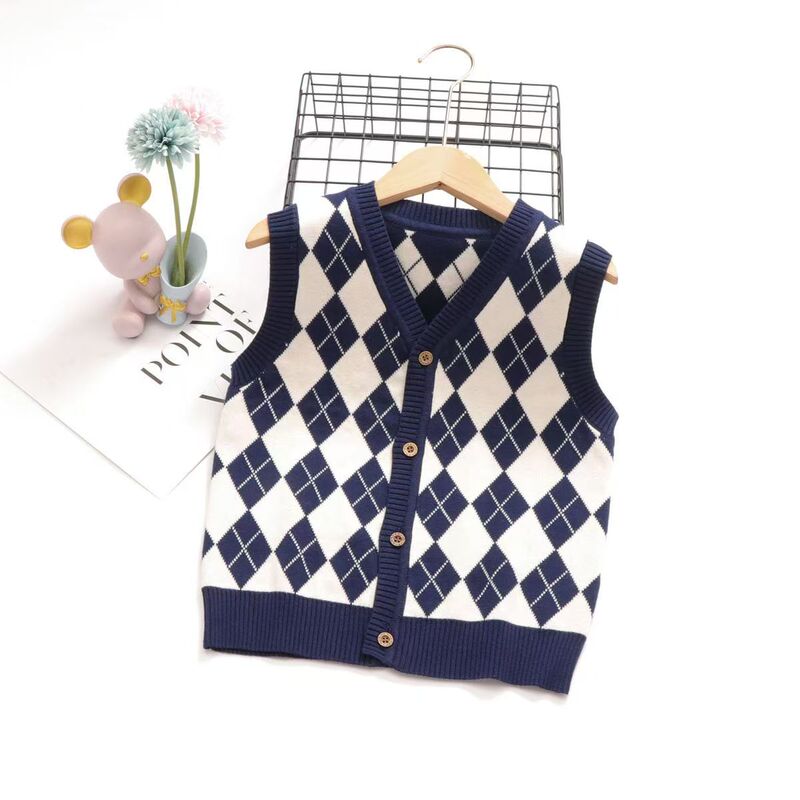 Boys' Autumn and Winter Style Vest, V-Neck Quilted Cardigan, Knitted Vest, Children's Warm Sweater Vest