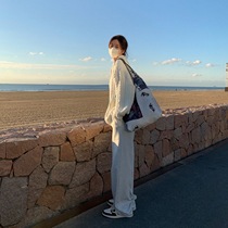 LIL CHER gray high-waisted casual sweatpants womens autumn and winter loose straight leg trousers wide leg mopping pants