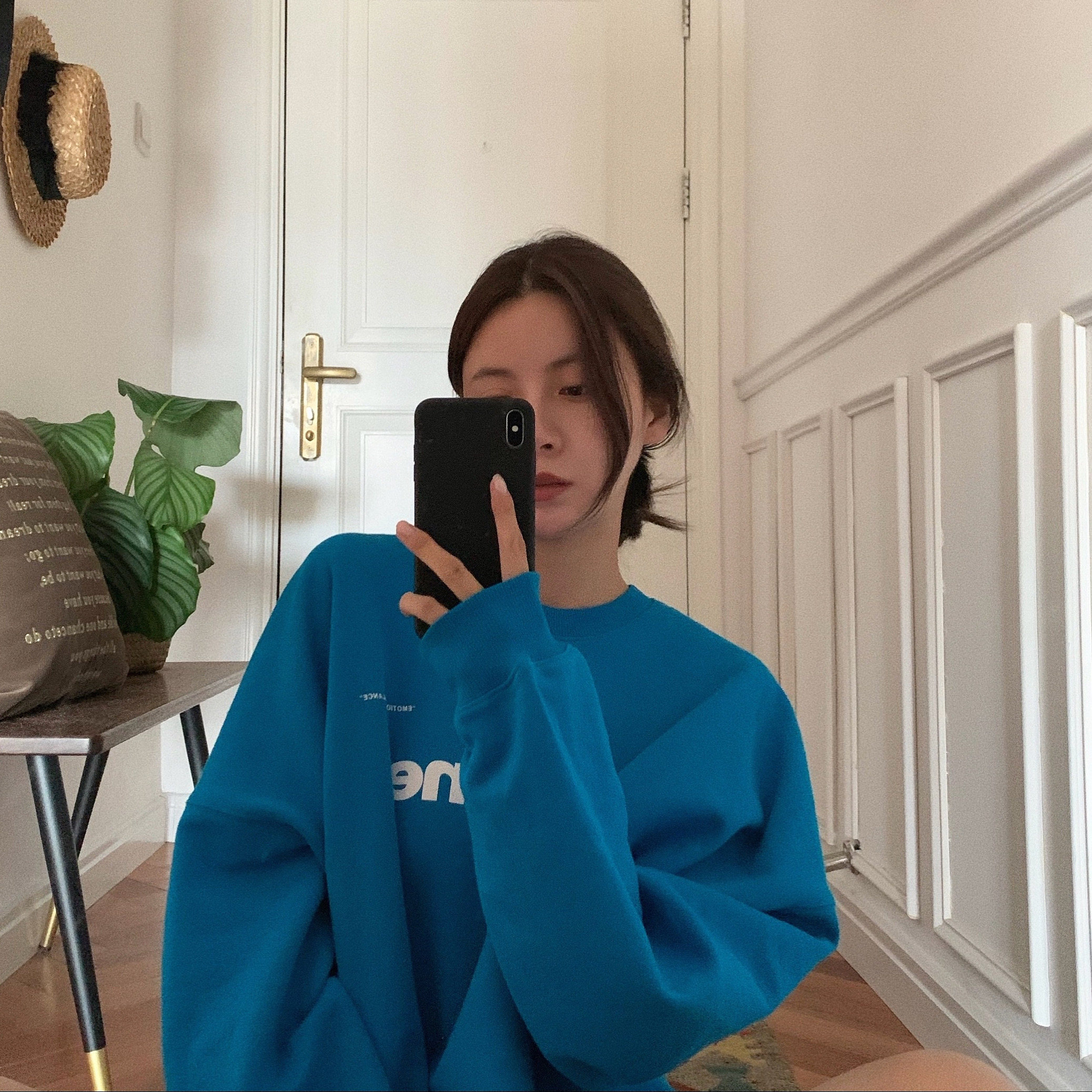 LIL CHER blue sweater women's 2021 spring and autumn thin section loose Korean version lazy wind ins hooded pullover