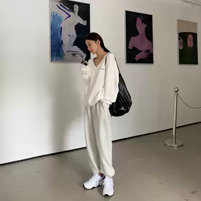 LIL CHER gray leggings women's spring and autumn Korean version of lazy style loose high waist straight casual sports pants