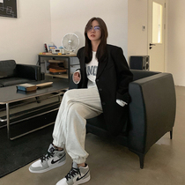 LIL CHER striped gray casual drawstring pants womens spring and autumn loose Korean version wide leg sports high waist straight pants