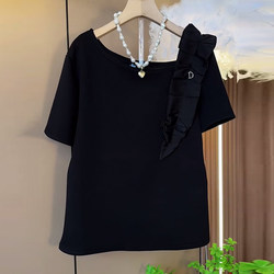 Fat sister black slimming simple versatile casual top plus size women's spliced ​​one-sided ruffled shoulder short-sleeved top