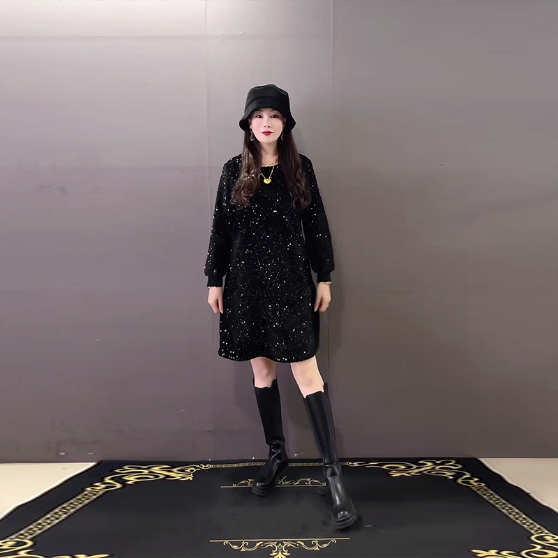 Plus Size Women's Round Neck Long Sleeve Sequin Dress, Mid-Length Black Slimming Fashion Design Dress for Fat Women