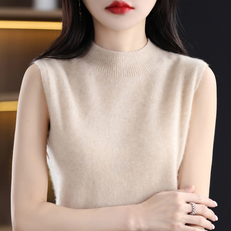 Cashmere Sweater Women's Sleeveless Half Turtleneck Vest Pullover Vest 100% Pure Wool Loose Casual Knitted Base Layer Cashmere Sweater Women's Sleeveless Half Turtleneck Vest Pullover Vest 100% Pure Wool Loose Casual Knitted Base Layer