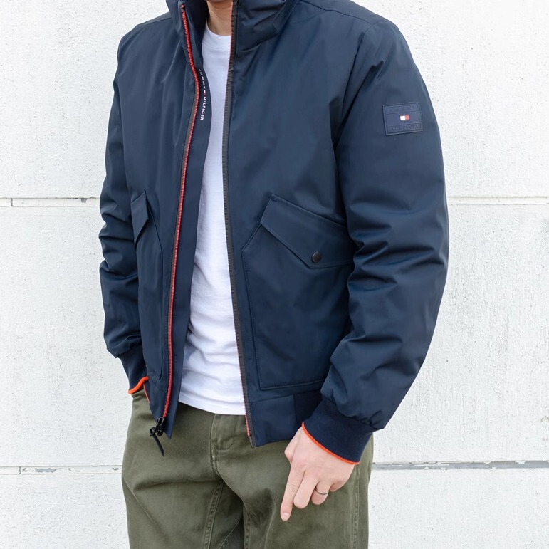 American Tommy Hilfiger Men's Autumn and Winter Stand-Up Collar Bomber Jacket Padded Windbreaker Cotton Coat
