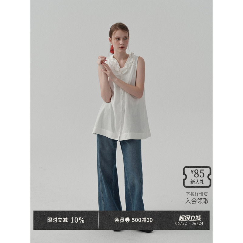 Veega Chic Spring and Summer Long-Staple Cotton Real-Feel Linen Blend Double-Layer Petal Collar Front and Back Convertible Sleeveless Shirt Veega Chic Spring and Summer Long-Staple Cotton Real-Feel Linen Blend Double-Layer Petal Collar Front and Back Convertible Sleeveless Shirt