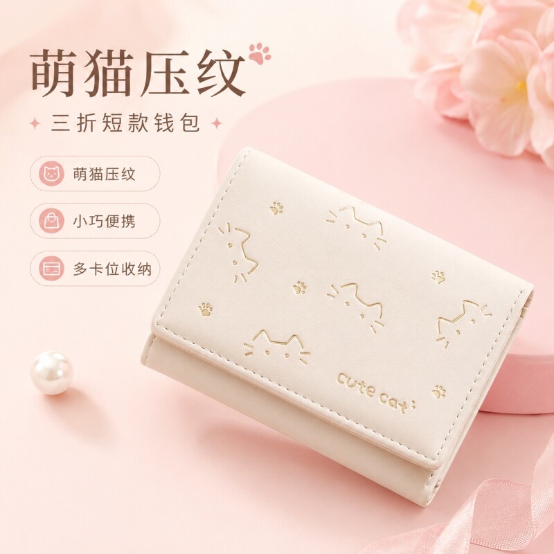 New Cute Cat Wallet for Women, Short Style, Cartoon, ins Large Capacity Student Wallet, Compact, 70% off Stack Coin Purse