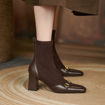 Lavard Method Romantic ~ metal buckle elastic high heel slim boot female rear zipper coarse heel 100 lap short boot 7cm