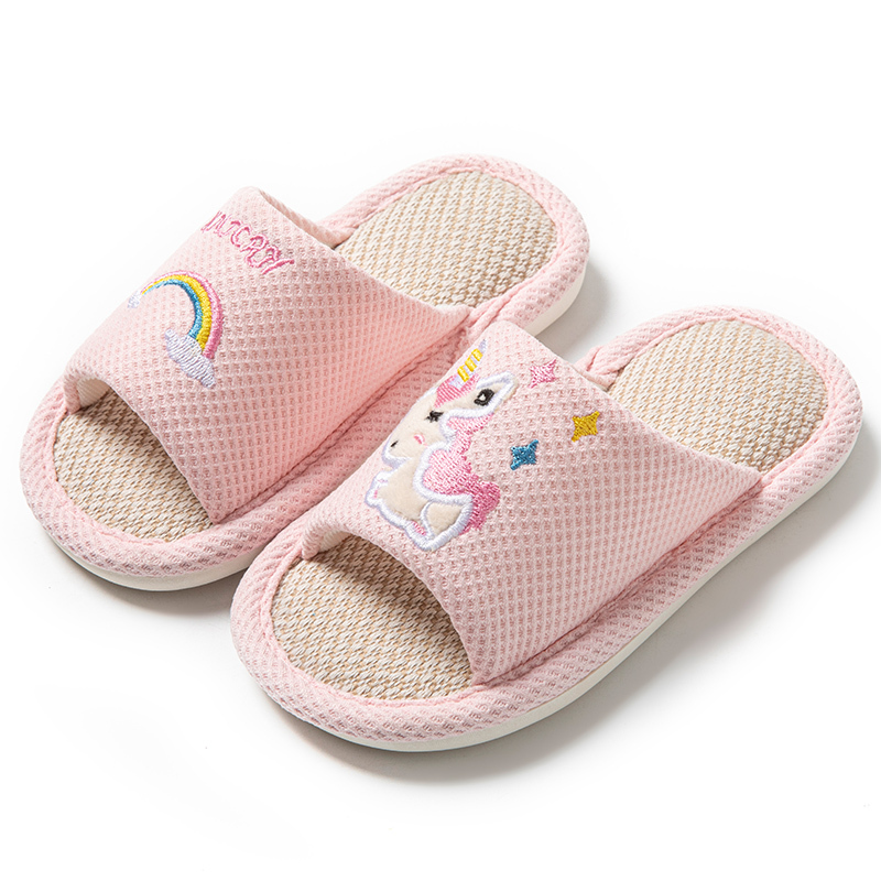Rainbow Pony Indoor Home Wooden Floor Summer Linen Slippers for Boys and Girls