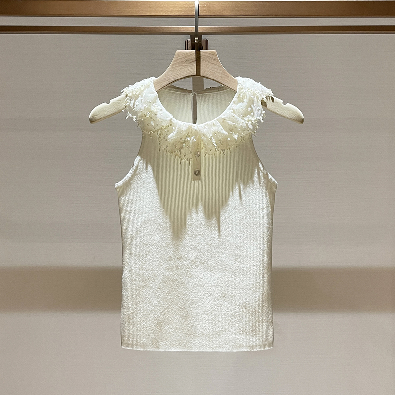Trendy Sequin Lace Doll Collar Sleeveless Vest for Women, Summer 2026 New Style, Petite Knitted Top
