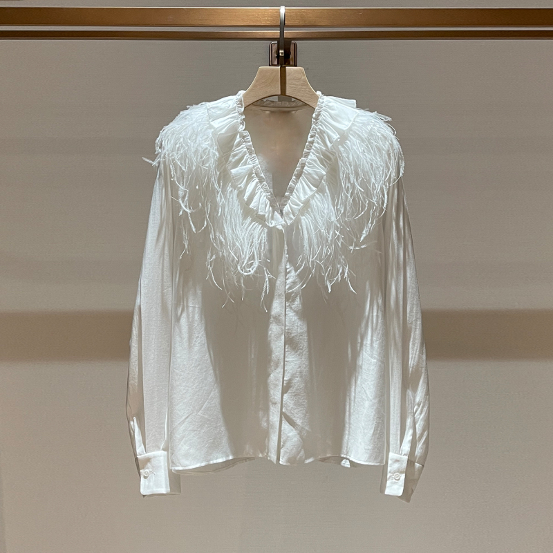 Yixian Light Luxury Girly White Long-Sleeved Shirt for Women 2026 New Design with Feather Detail for a Youthful Look