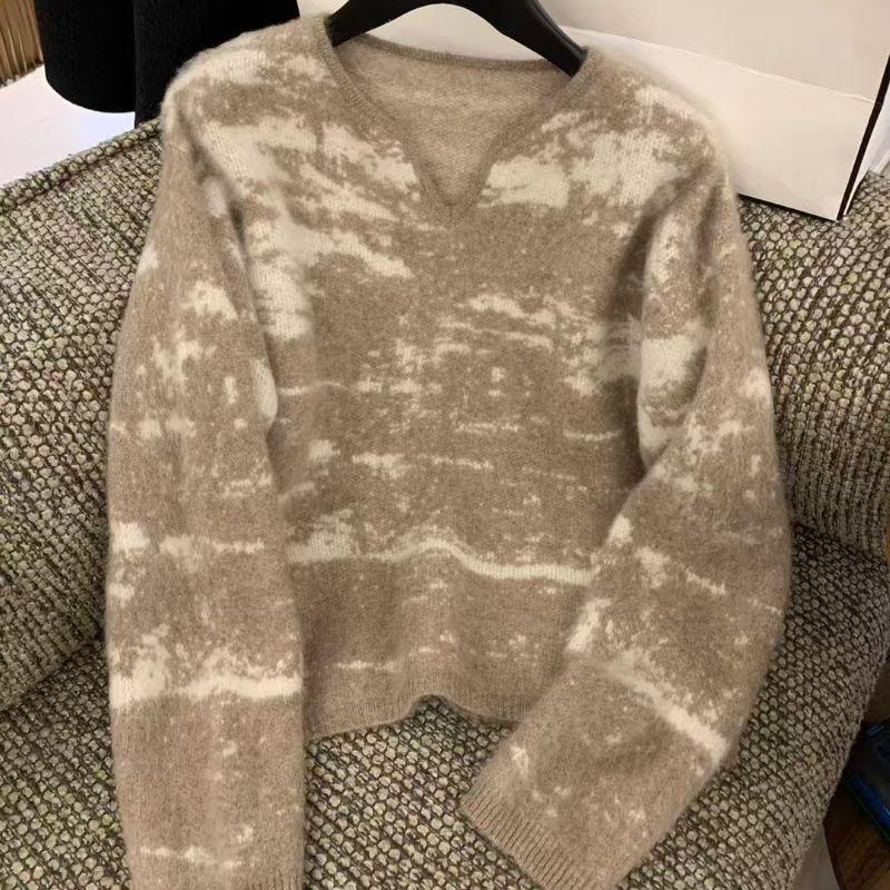 25 Autumn/Winter New Arrivals: Scissor Collar Long-Sleeve Marble Pattern Jacquard Pullover Australian Wool Sweater, Private Price