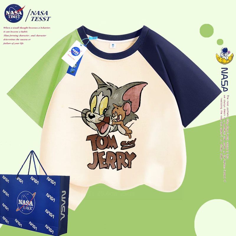 Nasa Co-Branded Tom and Jerry Pure Cotton Short-Sleeved T-Shirt for Boys, Summer Trendy Brand, Cute Cartoon Color-Blocked Top for Girls