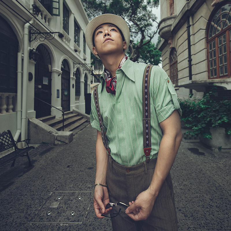 SOARIN Inron wind retro rufflet-handsome short sleeve shirt male striped slim fit for business casual workout 70% blouse