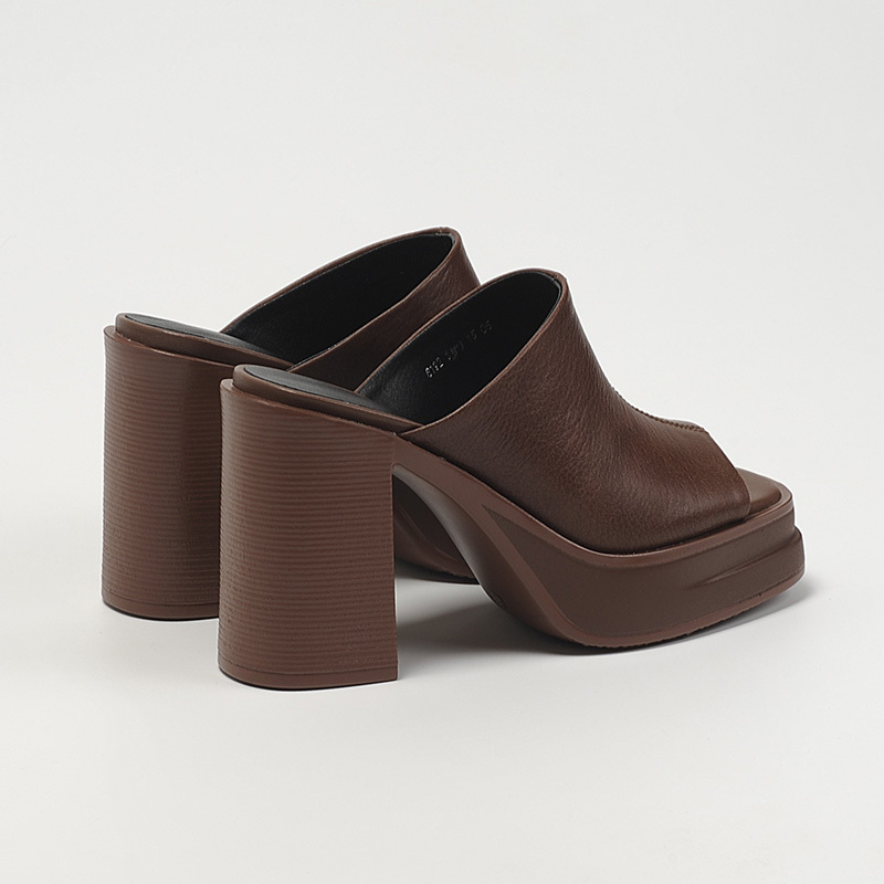 Zenglaer~10Cm Genuine Leather High-Heeled Platform Sandals, New Summer Style, Chunky Heel, Peep-Toe, Brown Ultra-High Heel Sandals