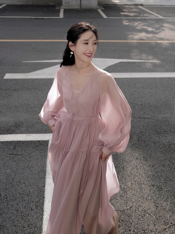 Rosewang | Ink Painting Wisteria | 50 Shades of Gray Purple | Extra-Long Ankle-Length Dress, Elegant Long-Sleeved Two-Piece Dress Set