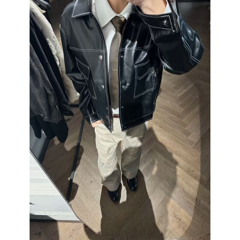 Official Genuine Mrakeai Kyyds Mk Spring Greek Oil Leather Vintage Motorcycle Leather Jacket with Visible Stitching