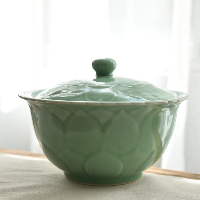 Dragon Springs Green Porcelain Lotus Pint Pan With Lid Large Soup Bowl Chinese Cutlery Home Big Number Ceramic Pot Creative Soup Saucepan Stew