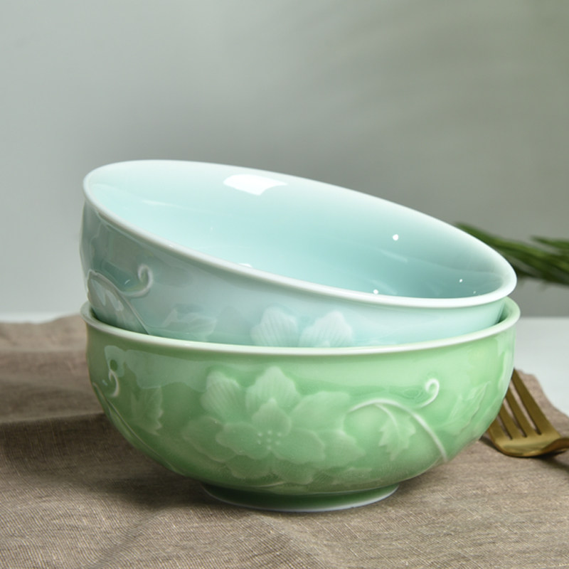 Home Ceramic Bowl Large Size Pull Noodle Bowl Salad Bowl Dragon Springs Green Porcelain Noodle Bowl Chinese Thickened Soup Bowl Microwave Oven Available