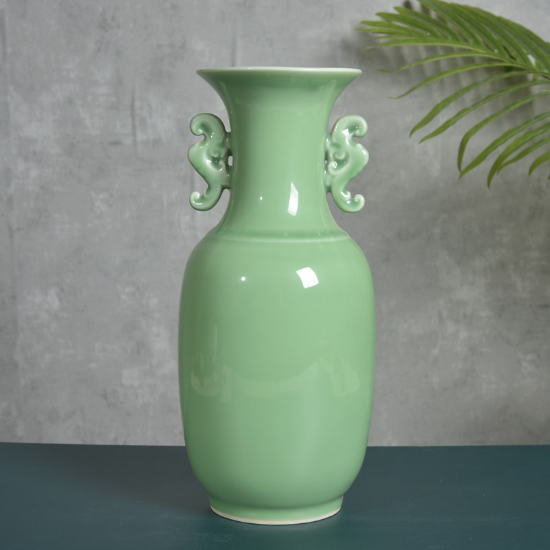 Retro Artisanal Dragon Springs Green Porcelain Vase Zen of Vase Living Room Pendulum Pieces Drying Flowers Large vase Vase Ceramic Binaural