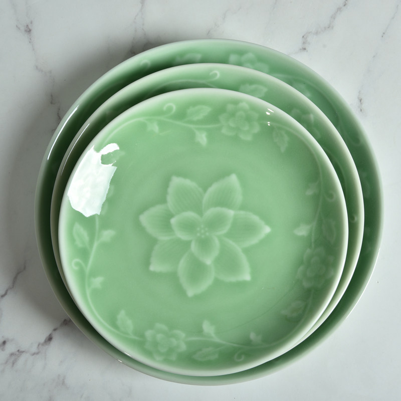 Creative Home Ceramic Plate Dragon Springs Green Porcelain Peony Deep Tray Disc Soup Dish Chinese Dish Sand Pull Tray Mixed Pasta Dish