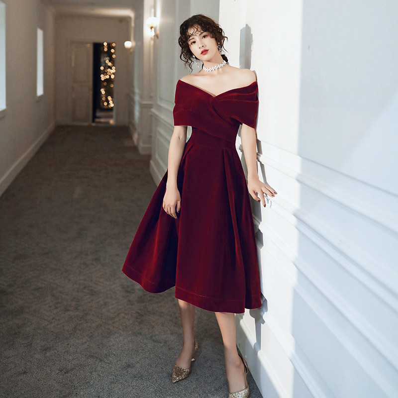 Toast dress small bride wedding engagement wine red large size pregnant woman belly slim shoulder tuxedo