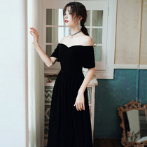 Evening dress dress female black retro velvet long shoulder simple temperament dinner annual small dress host