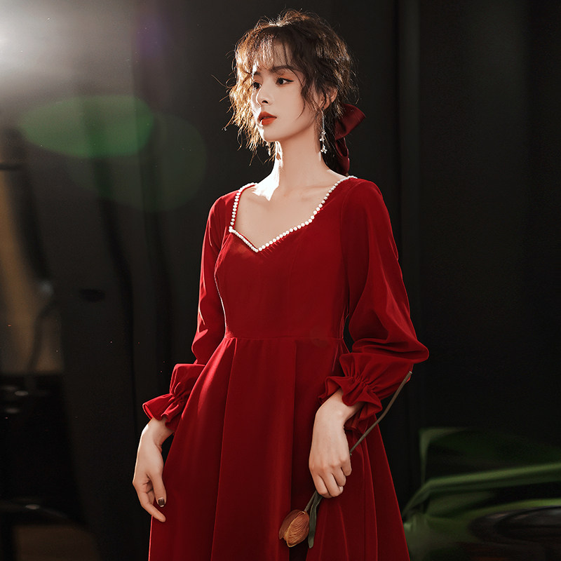 Long-sleeved toast dress autumn and winter bride wedding engagement wine red high waist large size pregnant woman cover belly slimming dress - Taobao