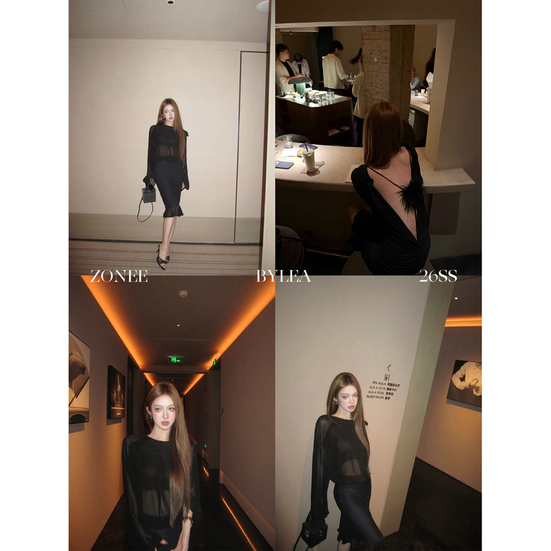 Zonee/Lea Song Yiwen Black Diva French-Style Faux Two-Piece Deep V Back Slim-Fitting Bodycon Dress Zonee/Lea Song Yiwen Black Diva French-Style Faux Two-Piece Deep V Back Slim-Fitting Bodycon Dress