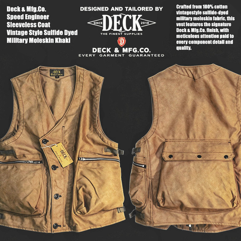 Deck&Mfg.1920~1930S Retro Style Vulcanized Dyed Khaki Military Thick Canvas Avatar Vest
