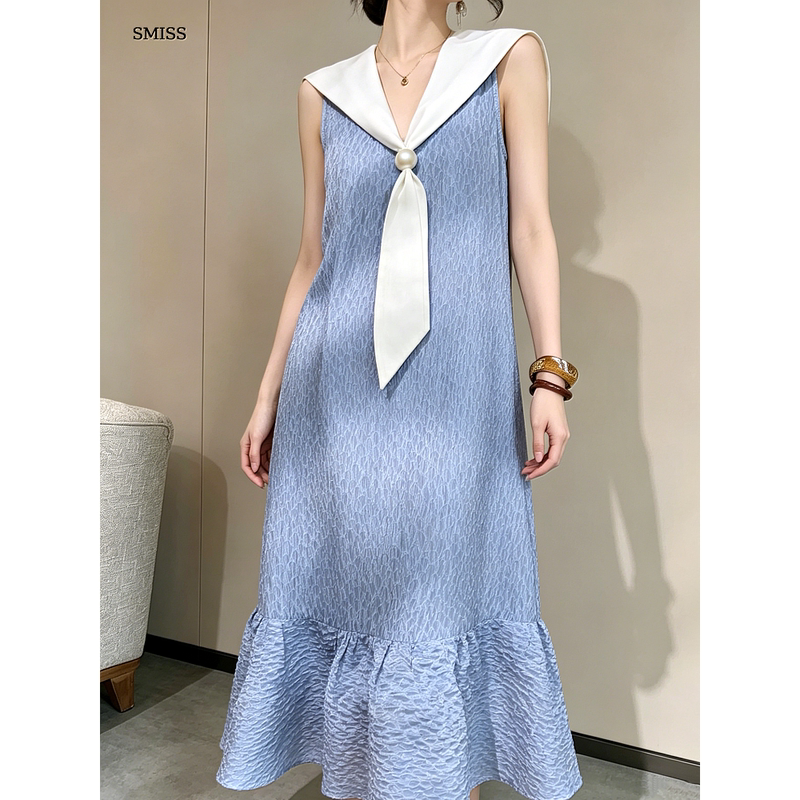 College Style Navy Collar Sleeveless Dress for Women, Blue Textured Slimming and Gentle Style Long Dress, New for Summer 2026