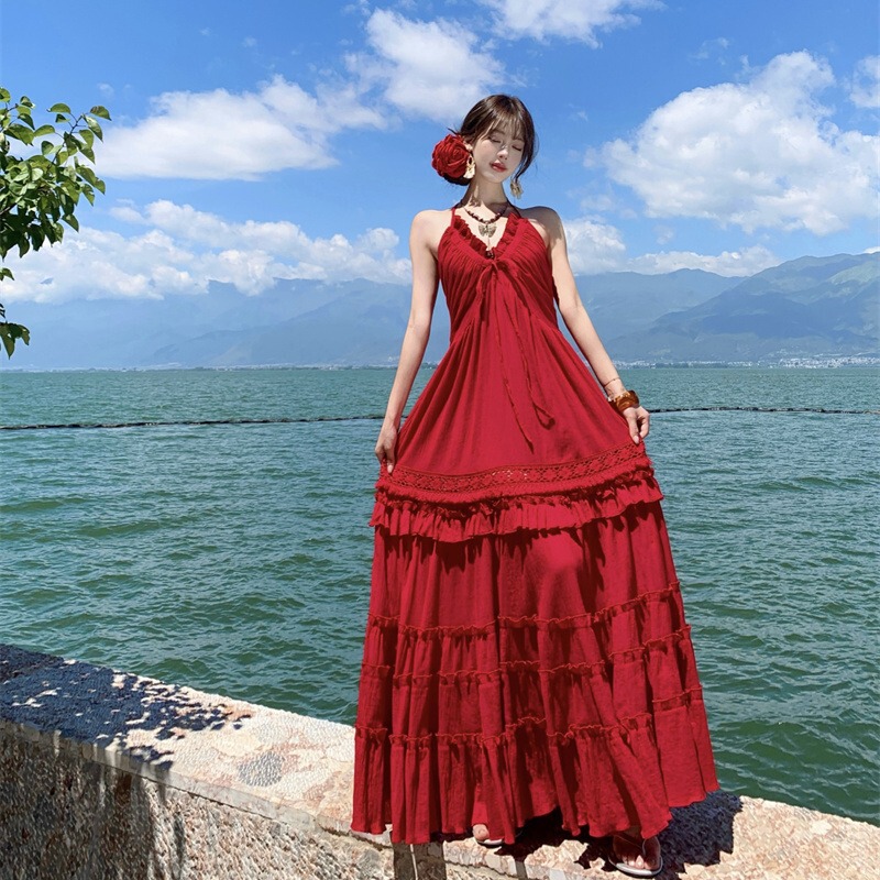 Red Vacation Slip Dress for the Northwest Desert, Yunnan, and Sanya Beach; Sexy Backless Tiered Long Dress