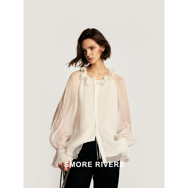 Smore Rivers Quiet Luxury and Elegance, Elegant Floral Special Crumpled Silk Twisted Ruffle Collar Shirt