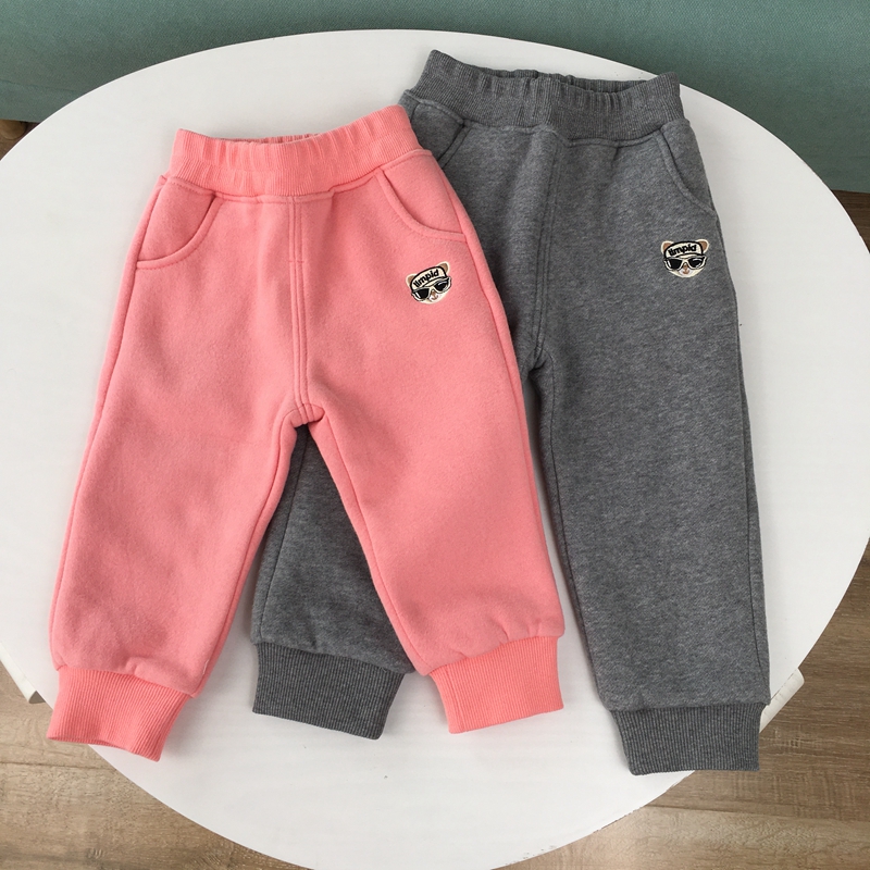 80-120 children with velvet with cotton lining pants Men and women baby double-layer casual pants foot one-piece velvet autumn and winter