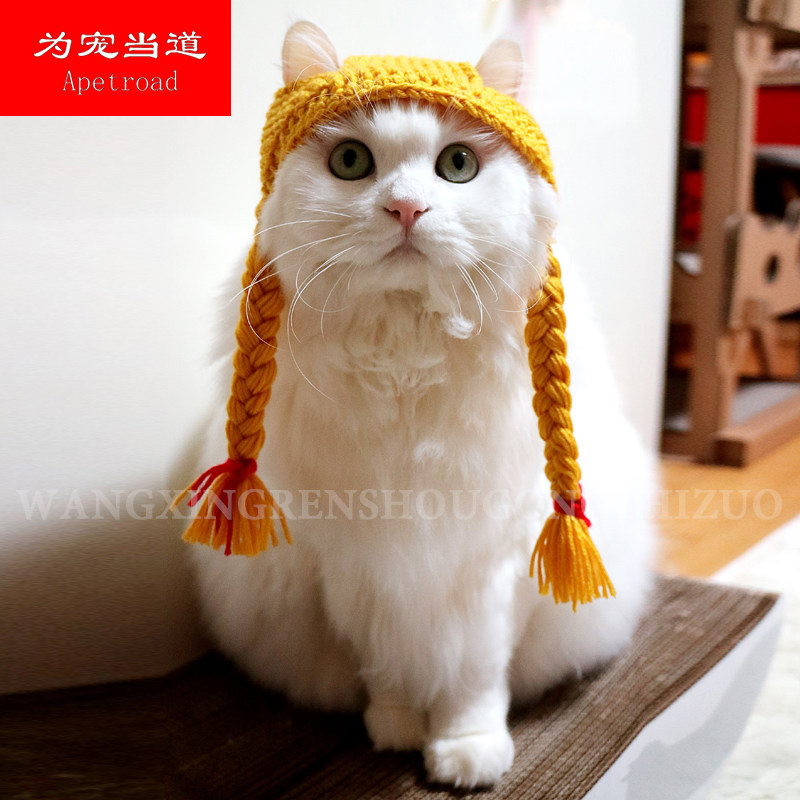 Hand Woven Pet Hats Little Girl Braids Hat Kittens Wig Cat Hats Funny Pooch Hair Accessories