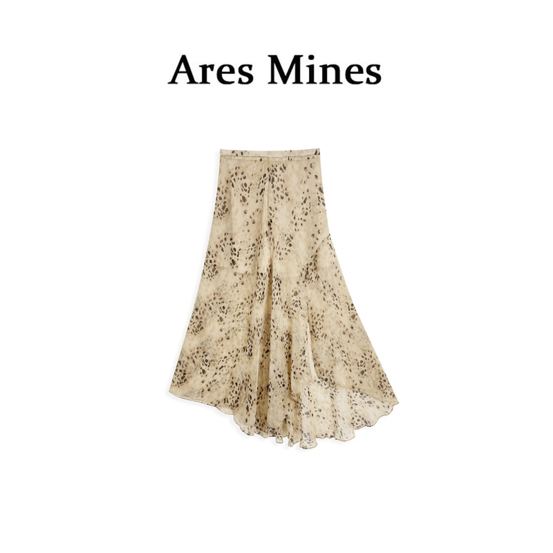 【Shenglangxi Ares Mines】Smoky Gray Gauze Leopard Print Asymmetrical Slit A-Line Midi Skirt for Summer