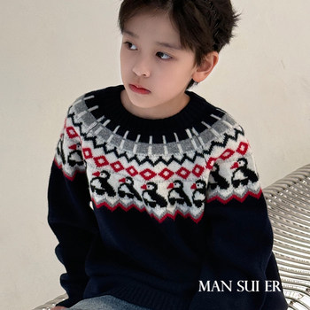 Boys' wool sweaters, children's sweaters, thickened fair isle little penguin 100 wool baby autumn and winter new sweaters Boys' wool sweaters, children's sweaters, thickened fair isle little penguin 100 wool baby autumn and winter new sweaters