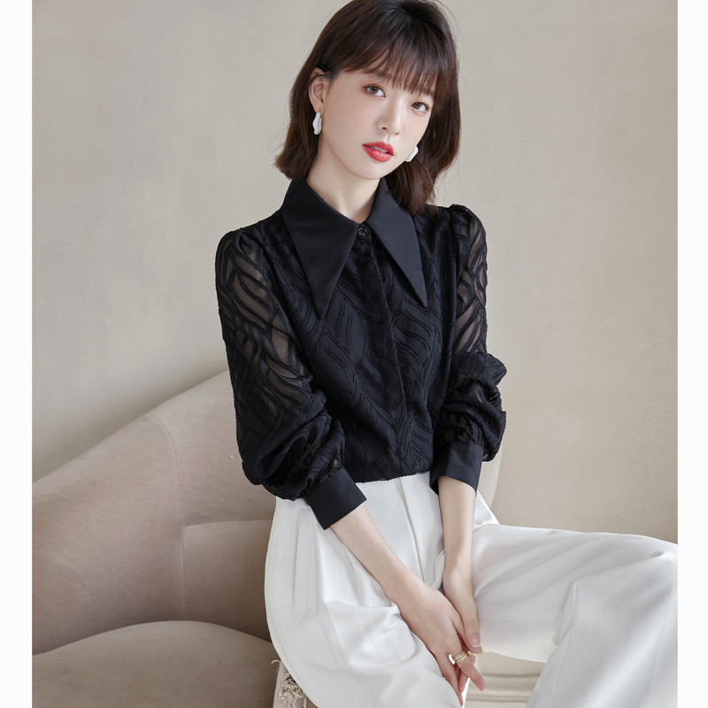 Genuine Product from Gejia's Exclusive Store, Same Style as in the Mall, 2025 Spring Season, Black Chiffon Shirt with Patchwork and Cut-Out Polo Collar