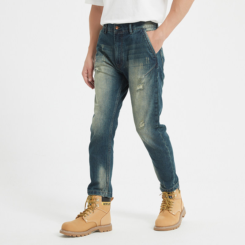 American retro jeans for men's fashion, American khaki autumn casual distressed washed micro-tapered yellow mud nine-inch pants
