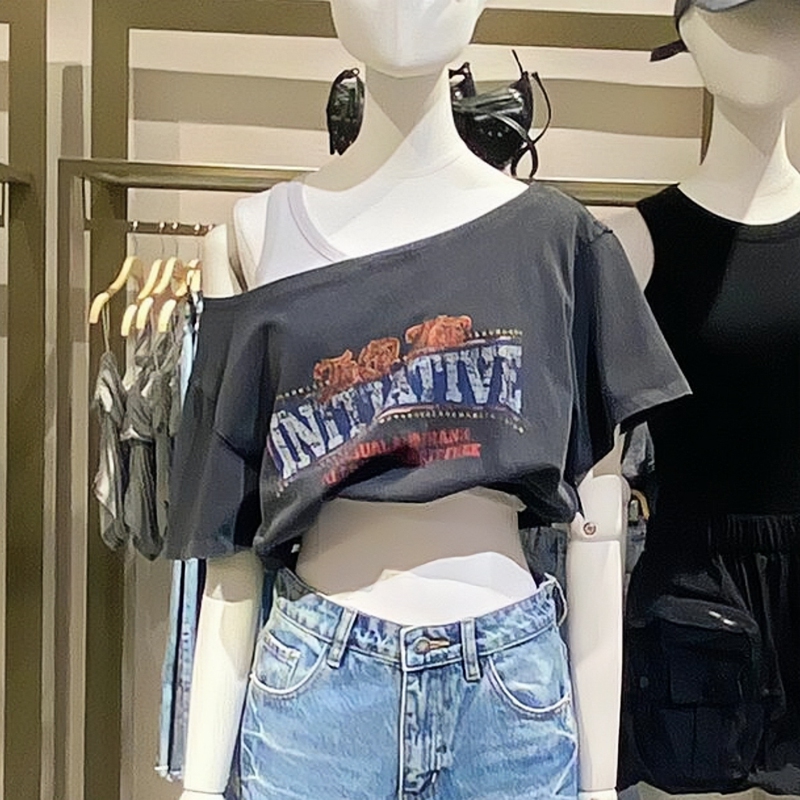 Summer Outfit Dance Retro Print Asymmetrical Neckline Off-Shoulder Fake Two-Piece Short-Sleeve T-Shirt Hot Girl Crop Top Jazz Top for Women