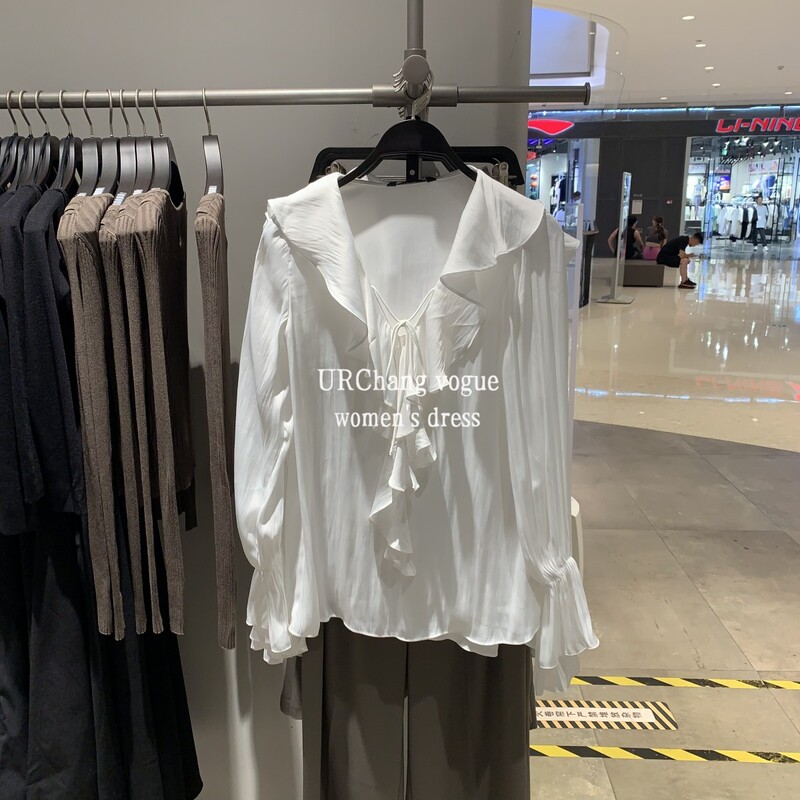 Spring and Autumn Style Bell-Sleeve French Romantic Satin Ruffle V-Neck Pullover Long-Sleeve Loose Shirt White Top for Women