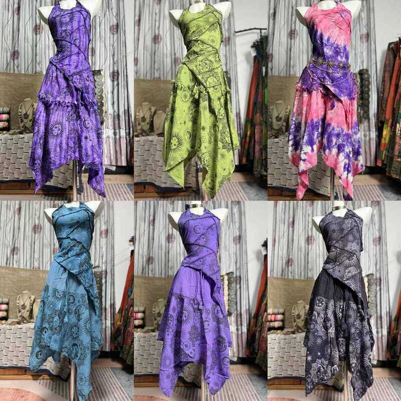 Nepalese Hippie-Style Green Skirt Sun Totem Set Pure Cotton Design Tie-Up Tank Top Halter Neck Outfit Trendy