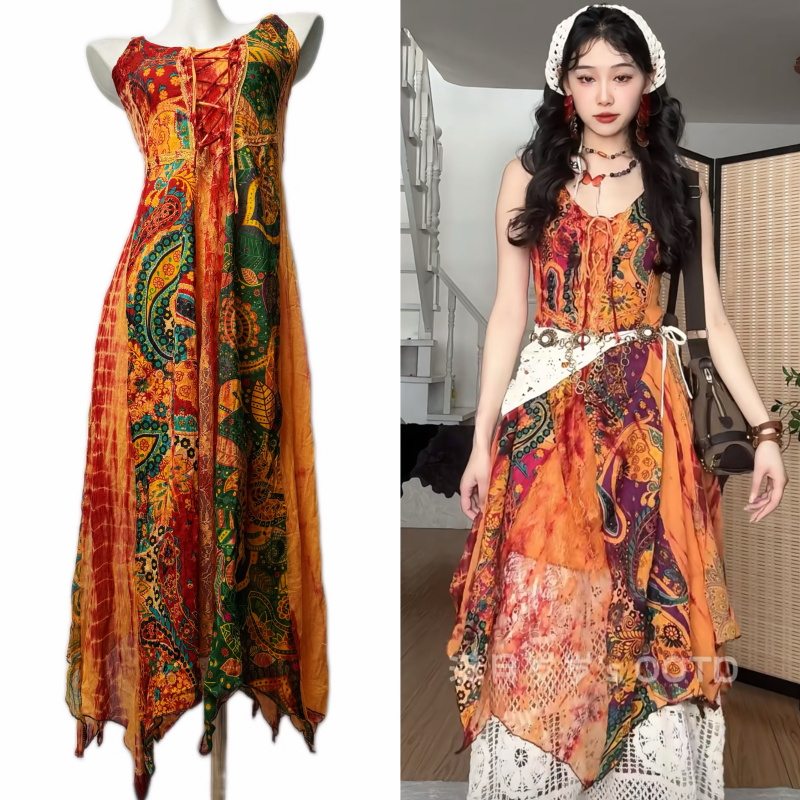 Full Moon Birthday Dress, Same Style as the Nepal Hippie Fairy Style, Handmade Plant-Dyed Printed Mid-Length Dress Full Moon Birthday Dress, Same Style as the Nepal Hippie Fairy Style, Handmade Plant-Dyed Printed Mid-Length Dress