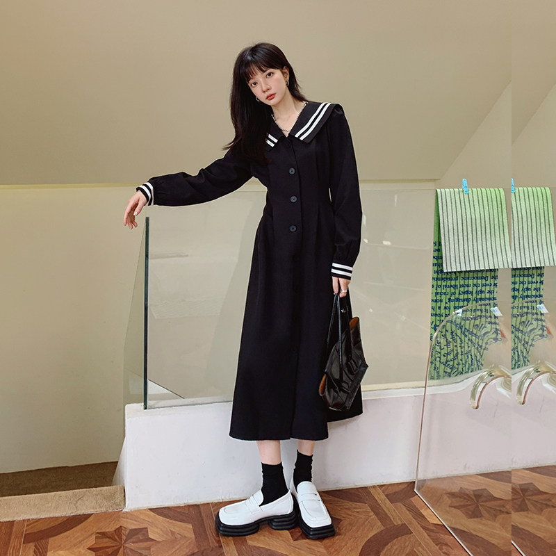 College Feng Navy dress Spring and Autumn 2021 new Heben Feng Fall women's dress appears lean temperament long - form skirt