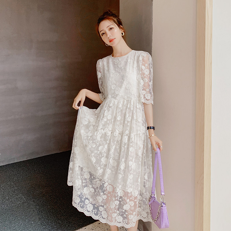 Heavy Industry White Lace Dress Female Super Senson High-end Ogan Yarn Embroidery Wears Long Dress Spring Autumn
