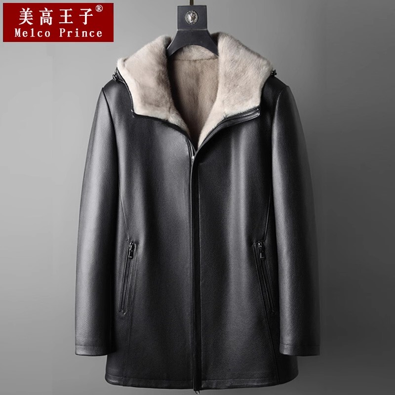Genuine Leather Parka for Men with Coffee-Colored Mink Lining, Winter Full Mink Fur Coat, Mid-Length Thermal Jacket