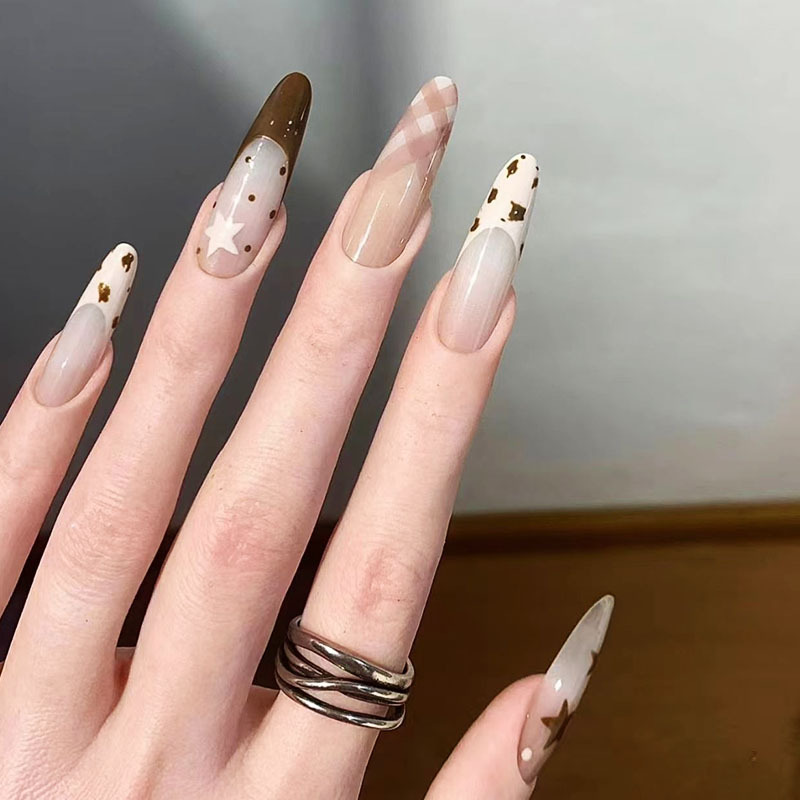 Cream Leopard Print Star Press-On Nails Korean Style ins Minimalist Brightening French New Long Style Autumn and Winter Nail Stickers