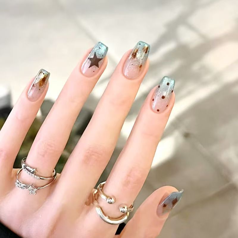 Fog Blue Star Leopard Wearable Nail Art Clear Ice Blue Brown Dot Glitter Cat Eye Star Brightening Sweet Cool New Short Nail Art Stickers